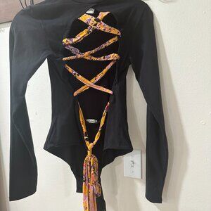NEW Free People- Black High Neck Open Back Tie Bodysuit- Womens Medium